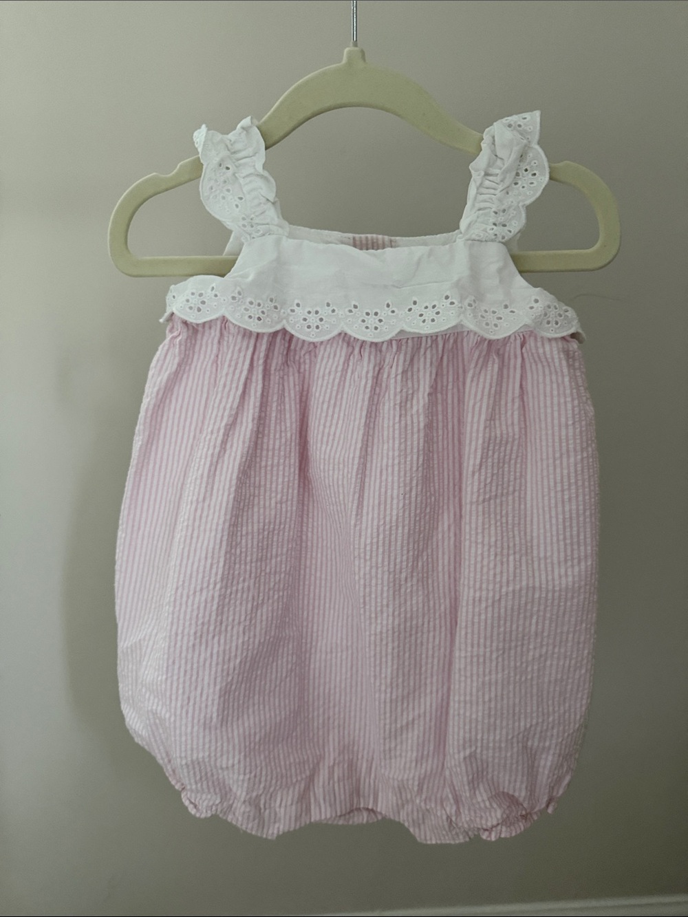 Janie and Jack White Romper with Pink Seersucker Trim